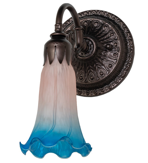 Meyda Lighting Tiffany Pond Lily 5" Mahogany Bronze Wall Sconce With Pink & Blue Shade Glass