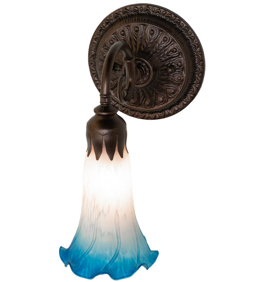 Meyda Lighting Tiffany Pond Lily 5" Mahogany Bronze Wall Sconce With Pink & Blue Shade Glass
