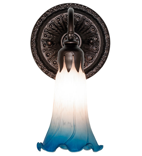 Meyda Lighting Tiffany Pond Lily 5" Mahogany Bronze Wall Sconce With Pink & Blue Shade Glass