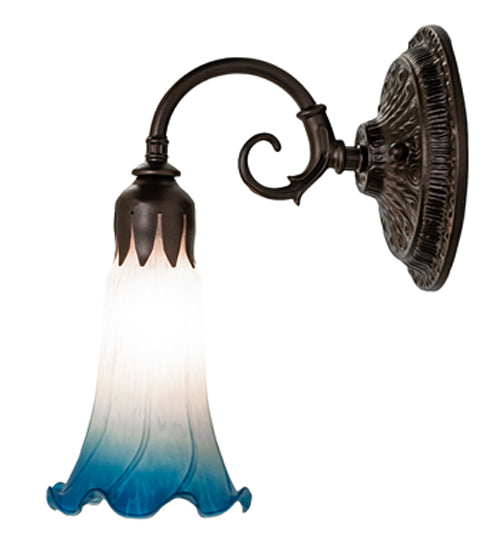 Meyda Lighting Tiffany Pond Lily 5" Mahogany Bronze Wall Sconce With Pink & Blue Shade Glass