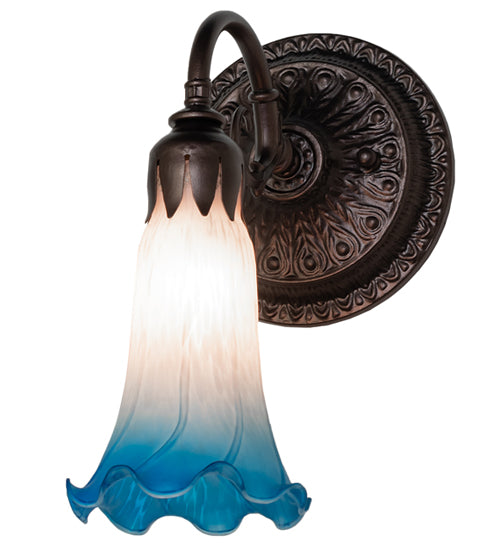 Meyda Lighting Tiffany Pond Lily 5" Mahogany Bronze Wall Sconce With Pink & Blue Shade Glass