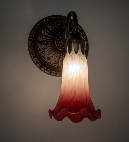 Meyda Lighting Tiffany Pond Lily 5" Mahogany Bronze Wall Sconce With Pink & White Shade Glass