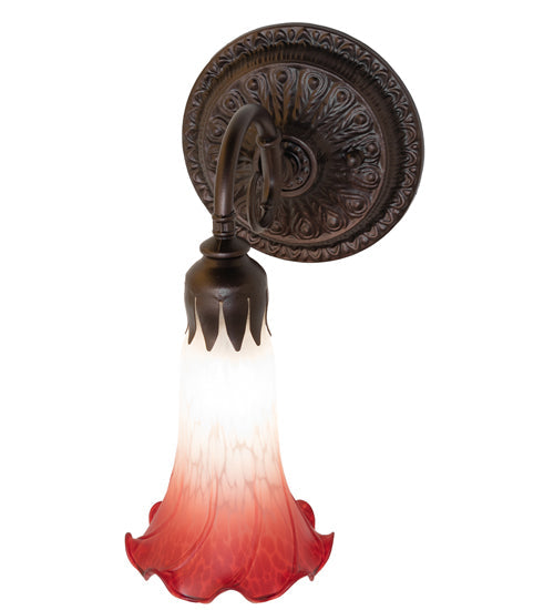 Meyda Lighting Tiffany Pond Lily 5" Mahogany Bronze Wall Sconce With Pink & White Shade Glass