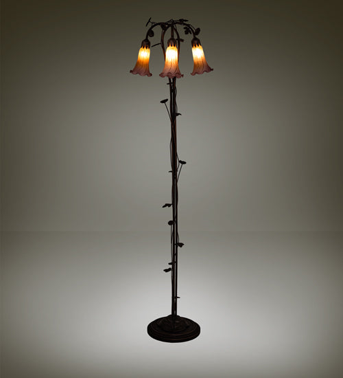 Meyda Lighting Tiffany Pond Lily 58" 3-Light Mahogany Bronze Floor Lamp With Amber & Purple Shade Glass