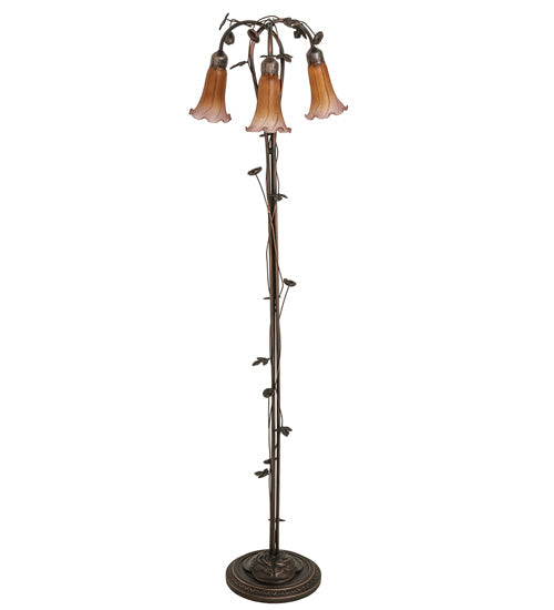 Meyda Lighting Tiffany Pond Lily 58" 3-Light Mahogany Bronze Floor Lamp With Amber & Purple Shade Glass