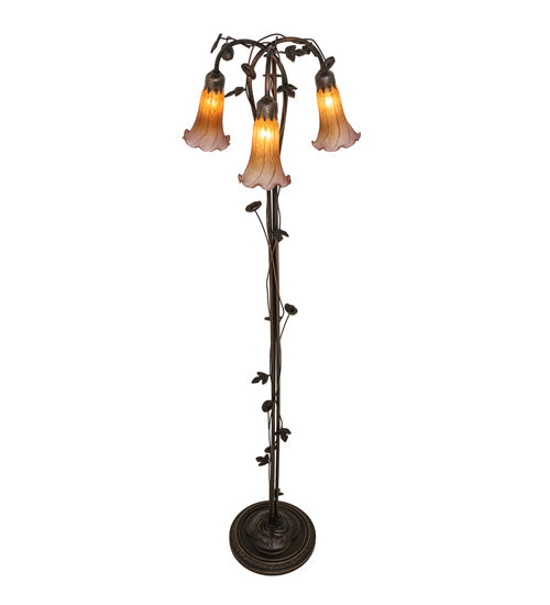 Meyda Lighting Tiffany Pond Lily 58" 3-Light Mahogany Bronze Floor Lamp With Amber & Purple Shade Glass