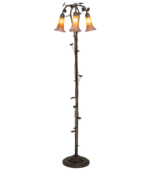 Meyda Lighting Tiffany Pond Lily 58" 3-Light Mahogany Bronze Floor Lamp With Amber & Purple Shade Glass