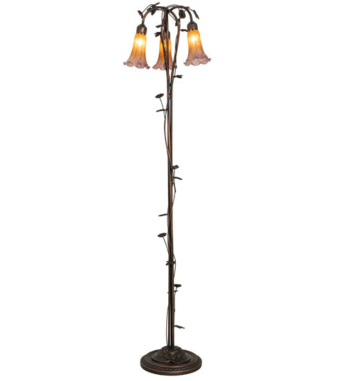 Meyda Lighting Tiffany Pond Lily 58" 3-Light Mahogany Bronze Floor Lamp With Amber & Purple Shade Glass