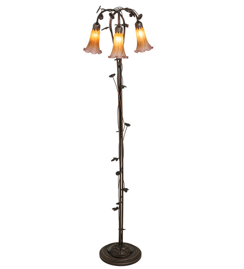 Meyda Lighting Tiffany Pond Lily 58" 3-Light Mahogany Bronze Floor Lamp With Amber & Purple Shade Glass