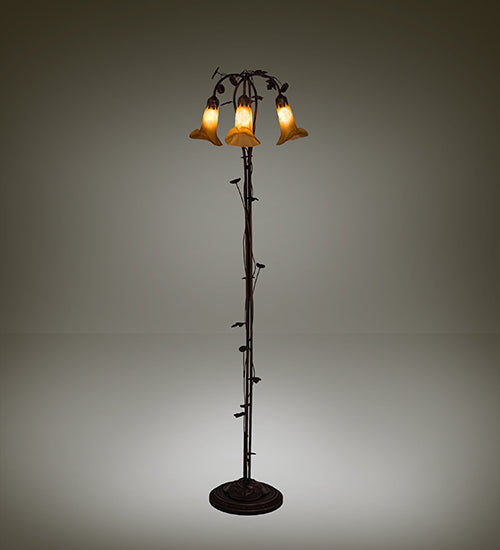 Meyda Lighting Tiffany Pond Lily 58" 3-Light Mahogany Bronze Floor Lamp With Amber Shade Glass