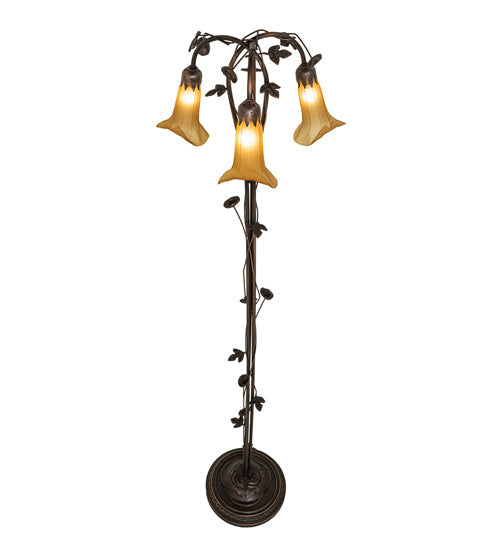 Meyda Lighting Tiffany Pond Lily 58" 3-Light Mahogany Bronze Floor Lamp With Amber Shade Glass