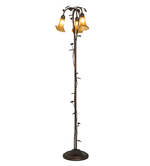 Meyda Lighting Tiffany Pond Lily 58" 3-Light Mahogany Bronze Floor Lamp With Amber Shade Glass