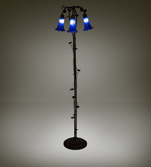 Meyda Lighting Tiffany Pond Lily 58" 3-Light Mahogany Bronze Floor Lamp With Blue Shade Glass