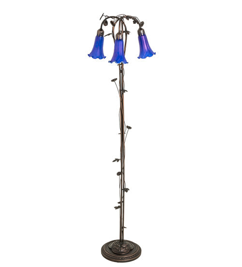 Meyda Lighting Tiffany Pond Lily 58" 3-Light Mahogany Bronze Floor Lamp With Blue Shade Glass