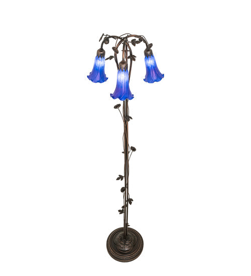 Meyda Lighting Tiffany Pond Lily 58" 3-Light Mahogany Bronze Floor Lamp With Blue Shade Glass