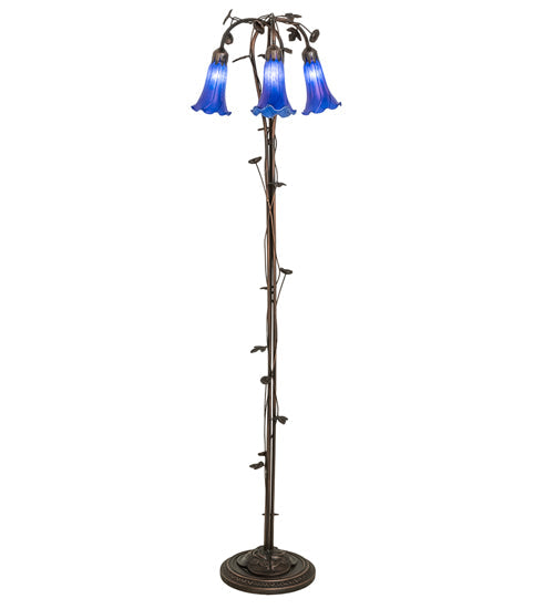 Meyda Lighting Tiffany Pond Lily 58" 3-Light Mahogany Bronze Floor Lamp With Blue Shade Glass