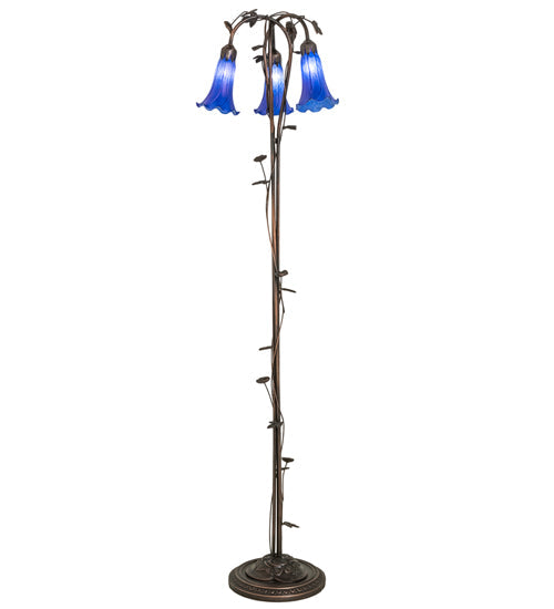 Meyda Lighting Tiffany Pond Lily 58" 3-Light Mahogany Bronze Floor Lamp With Blue Shade Glass