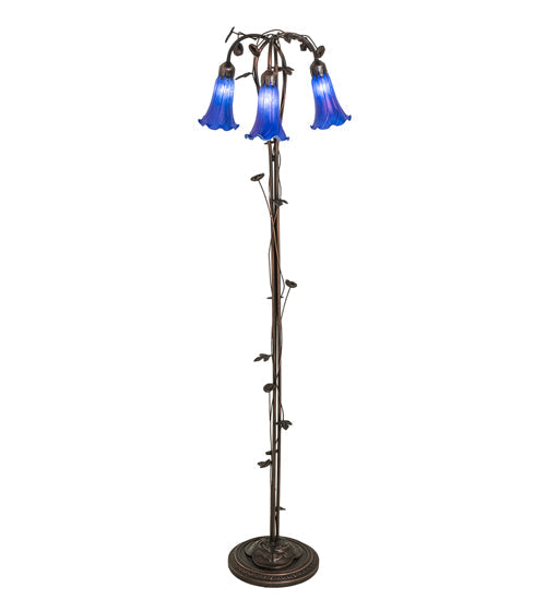 Meyda Lighting Tiffany Pond Lily 58" 3-Light Mahogany Bronze Floor Lamp With Blue Shade Glass