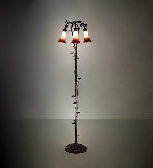 Meyda Lighting Tiffany Pond Lily 58" 3-Light Mahogany Bronze Floor Lamp With Green & Red Shade Glass