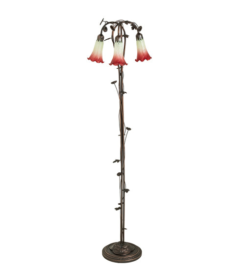 Meyda Lighting Tiffany Pond Lily 58" 3-Light Mahogany Bronze Floor Lamp With Green & Red Shade Glass