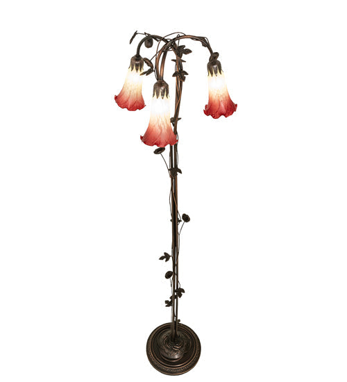 Meyda Lighting Tiffany Pond Lily 58" 3-Light Mahogany Bronze Floor Lamp With Green & Red Shade Glass