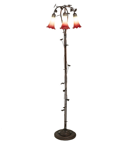 Meyda Lighting Tiffany Pond Lily 58" 3-Light Mahogany Bronze Floor Lamp With Green & Red Shade Glass