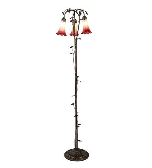 Meyda Lighting Tiffany Pond Lily 58" 3-Light Mahogany Bronze Floor Lamp With Green & Red Shade Glass