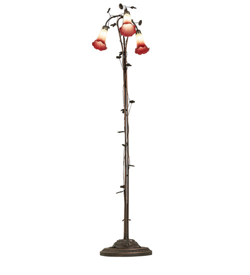 Meyda Lighting Tiffany Pond Lily 58" 3-Light Mahogany Bronze Floor Lamp With Green & Red Shade Glass