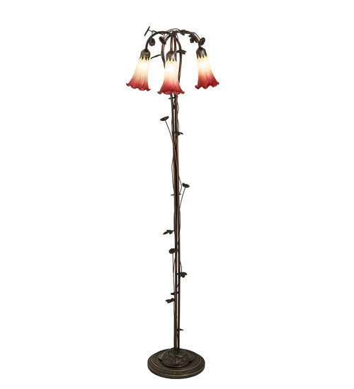 Meyda Lighting Tiffany Pond Lily 58" 3-Light Mahogany Bronze Floor Lamp With Green & Red Shade Glass