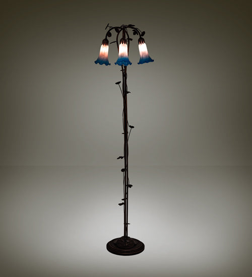 Meyda Lighting Tiffany Pond Lily 58" 3-Light Mahogany Bronze Floor Lamp With Pink & Blue Shade Glass