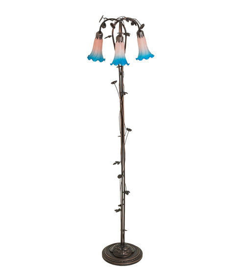 Meyda Lighting Tiffany Pond Lily 58" 3-Light Mahogany Bronze Floor Lamp With Pink & Blue Shade Glass