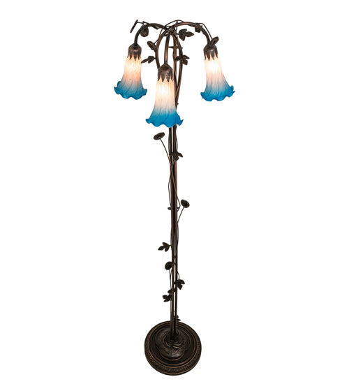 Meyda Lighting Tiffany Pond Lily 58" 3-Light Mahogany Bronze Floor Lamp With Pink & Blue Shade Glass