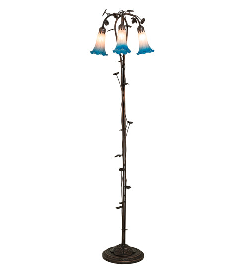 Meyda Lighting Tiffany Pond Lily 58" 3-Light Mahogany Bronze Floor Lamp With Pink & Blue Shade Glass