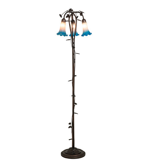 Meyda Lighting Tiffany Pond Lily 58" 3-Light Mahogany Bronze Floor Lamp With Pink & Blue Shade Glass