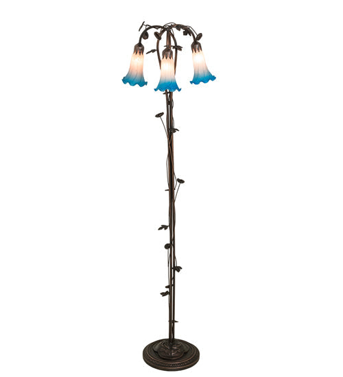 Meyda Lighting Tiffany Pond Lily 58" 3-Light Mahogany Bronze Floor Lamp With Pink & Blue Shade Glass