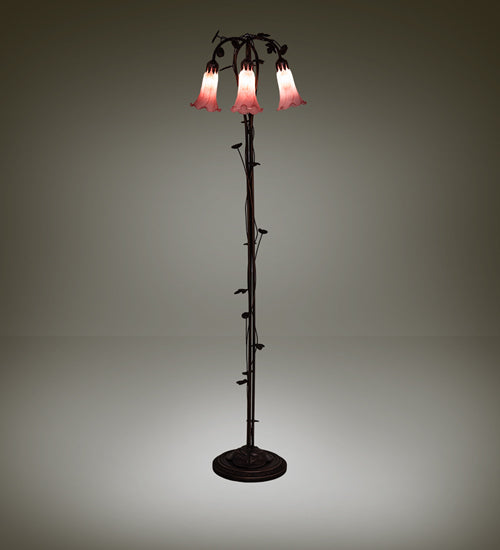 Meyda Lighting Tiffany Pond Lily 58" 3-Light Mahogany Bronze Floor Lamp With Pink Shade Glass