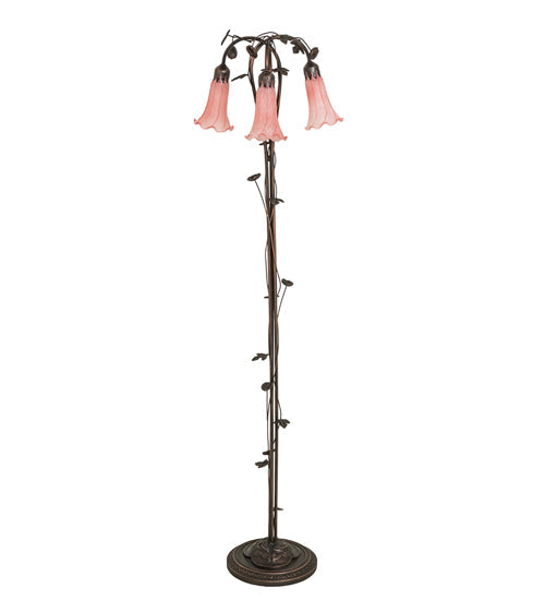 Meyda Lighting Tiffany Pond Lily 58" 3-Light Mahogany Bronze Floor Lamp With Pink Shade Glass