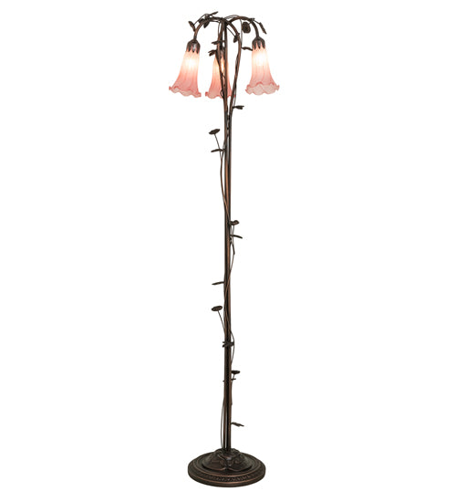 Meyda Lighting Tiffany Pond Lily 58" 3-Light Mahogany Bronze Floor Lamp With Pink Shade Glass