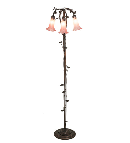 Meyda Lighting Tiffany Pond Lily 58" 3-Light Mahogany Bronze Floor Lamp With Pink Shade Glass