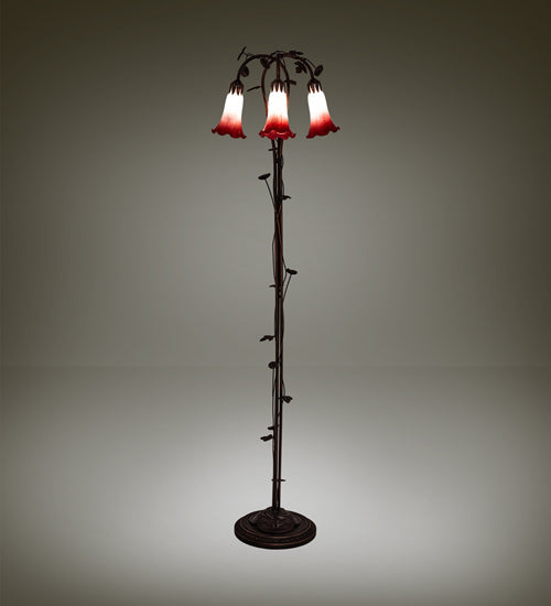 Meyda Lighting Tiffany Pond Lily 58" 3-Light Mahogany Bronze Floor Lamp With Pink & White Shade Glass