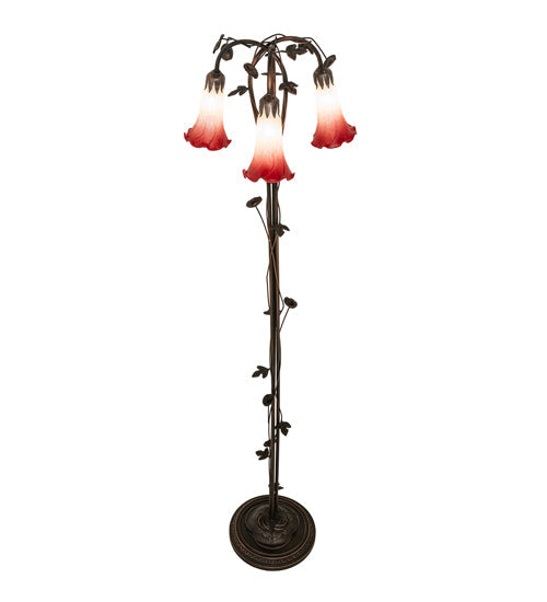 Meyda Lighting Tiffany Pond Lily 58" 3-Light Mahogany Bronze Floor Lamp With Pink & White Shade Glass