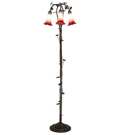 Meyda Lighting Tiffany Pond Lily 58" 3-Light Mahogany Bronze Floor Lamp With Pink & White Shade Glass