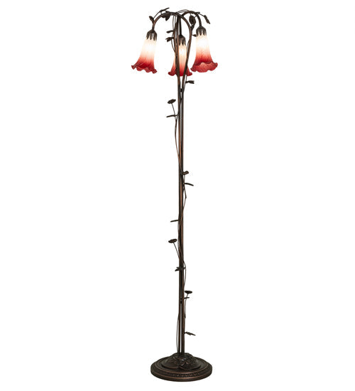 Meyda Lighting Tiffany Pond Lily 58" 3-Light Mahogany Bronze Floor Lamp With Pink & White Shade Glass