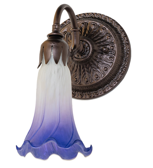 Meyda Lighting Tiffany Pond Lily 6" Mahogany Bronze Wall Sconce With Blue & White Shade Glass