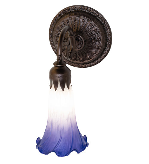 Meyda Lighting Tiffany Pond Lily 6" Mahogany Bronze Wall Sconce With Blue & White Shade Glass