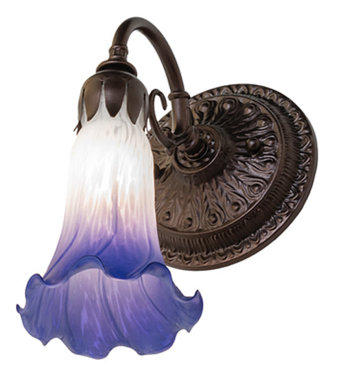 Meyda Lighting Tiffany Pond Lily 6" Mahogany Bronze Wall Sconce With Blue & White Shade Glass