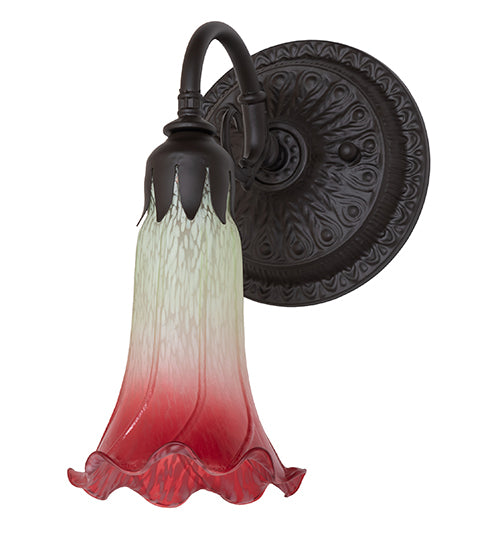 Meyda Lighting Tiffany Pond Lily 6" Oil Rubbed Bronze Wall Sconce With Red & Green Shade Glass