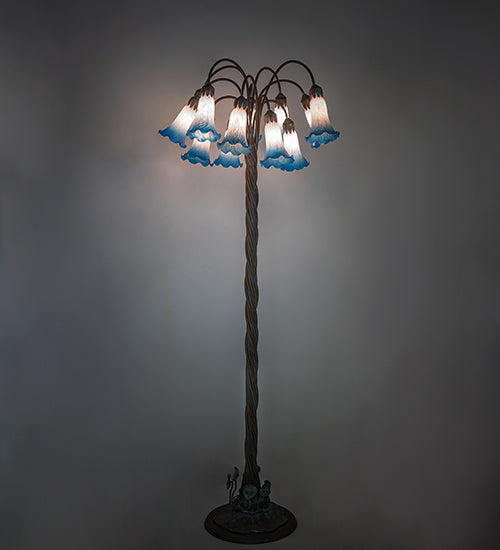 Meyda Lighting Tiffany Pond Lily 61" 12-Light Bronze Floor Lamp With Amber & Blue Shade Glass