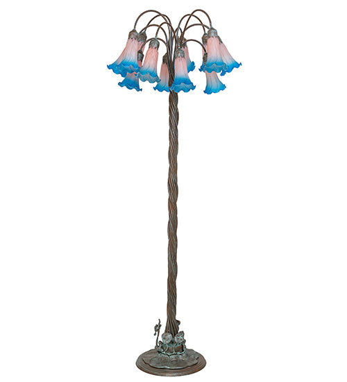 Meyda Lighting Tiffany Pond Lily 61" 12-Light Bronze Floor Lamp With Amber & Blue Shade Glass