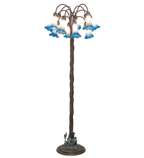 Meyda Lighting Tiffany Pond Lily 61" 12-Light Bronze Floor Lamp With Amber & Blue Shade Glass